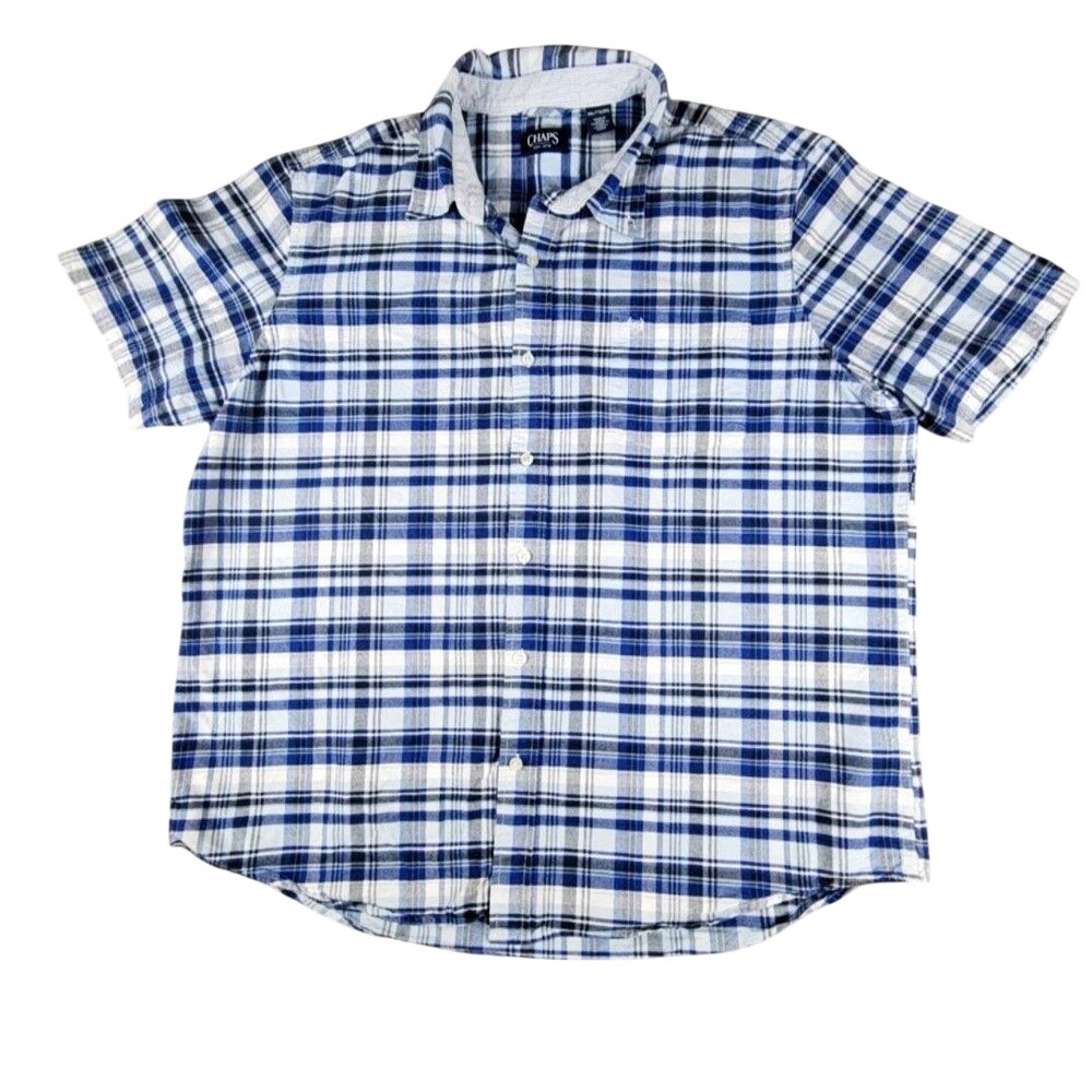 Chaps Shirt Mens 2XL Blue Plaid Short Sleeve Button Up Pocket Casual Cotton